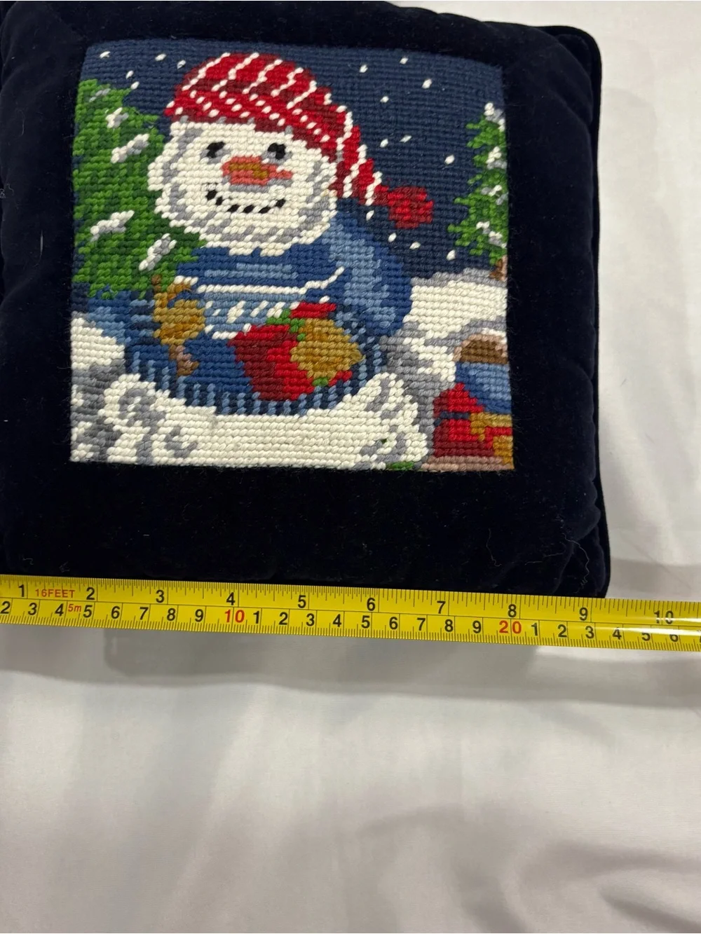 VTG Needlepoint Wool Velvet Tapestry Throw Pillow Christmas Snowman 10”x10”